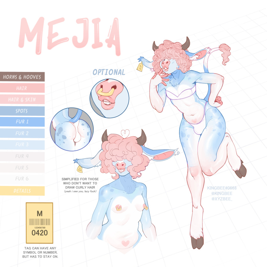 1:1 absurd_res blue_body bovid bovine cattle curled_hair cute_face english_text girly hair hi_res horn kingbee long_ears male mammal model_sheet nipples pastel piercing pink_hair pink_nipples pink_nose profanity solo solo_focus tail_tuft text tuft