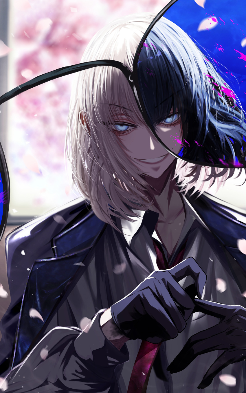 1boy absurdres alternate_costume antinese black_gloves black_hair blue_eyes collared_shirt dual_persona evil_smile fate/grand_order fate_(series) glasses gloves grey_hair highres jacket lapels male_focus medium_hair necktie notched_lapels oberon_(fate) shirt smile solo split_theme unworn_jacket upper_body