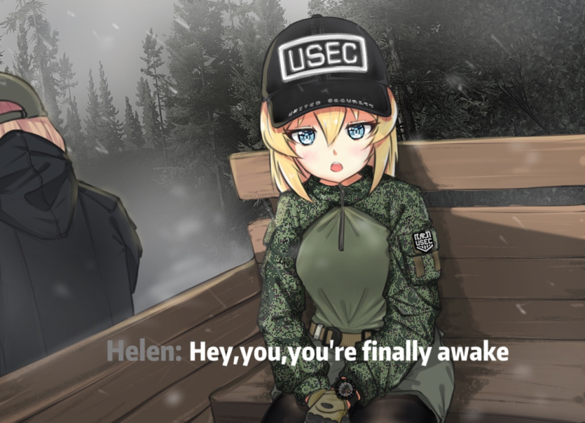 2girls baseball_cap belt blonde_hair blue_eyes camouflage camouflage_jacket escape_from_tarkov forest hat hood hoodie jacket jizi looking_at_viewer meme multiple_girls nature orange_hair pantyhose short_shorts shorts snowing subtitled talking the_elder_scrolls the_elder_scrolls_v:_skyrim you're_finally_awake zipper