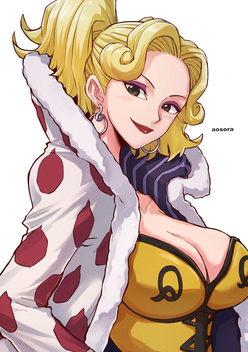 1girl aosora2823 artist_name black_eyes blonde_hair breasts cleavage commentary earrings highres honey_queen_(one_piece) hoop_earrings jacket jewelry large_breasts lips looking_at_viewer one_piece polka_dot polka_dot_jacket ponytail short_hair simple_background solo upper_body white_background white_jacket