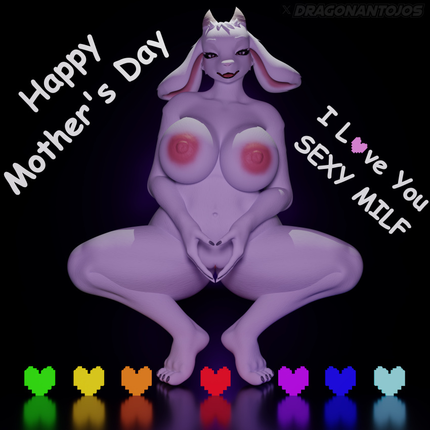 1:1 3d_(artwork) absurd_res big_breasts blender_cycles breasts digital_media_(artwork) dragonantojos female heart_symbol hi_res holidays huge_filesize looking_at_viewer mother's_day nipples pink_nipples pinup pose red_eyes seductive solo text toriel undertale_(series)