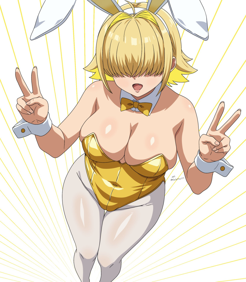 1girl animal_ears blonde_hair bow bowtie breasts elegg_(nikke) english_commentary fake_animal_ears goddess_of_victory:_nikke hair_over_eyes highres large_breasts leotard nalathorm open_mouth pantyhose playboy_bunny rabbit_ears short_hair simple_background solo v white_pantyhose wrist_cuffs yellow_bow yellow_bowtie yellow_leotard