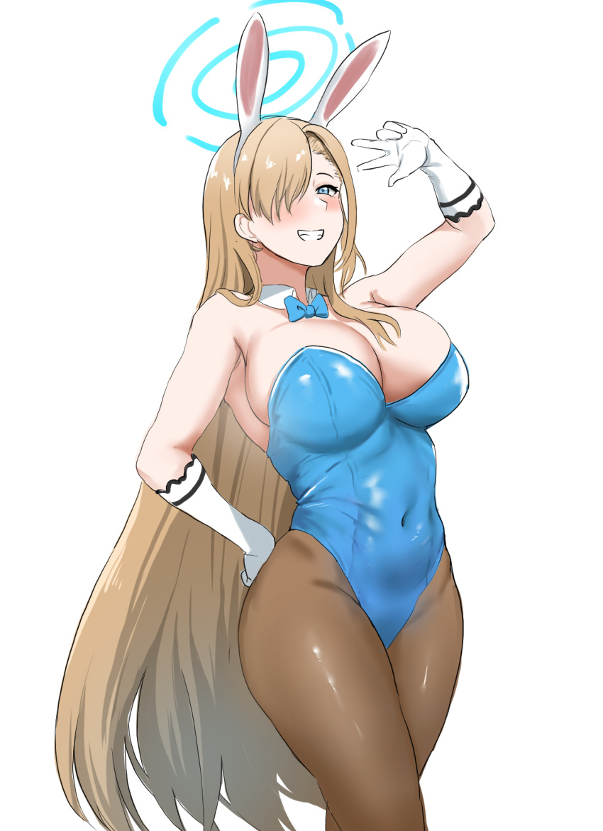 1girl :d animal_ears arm_up asuna_(blue_archive) asuna_(bunny)_(blue_archive) bare_shoulders blue_archive blue_bow blue_bowtie blue_eyes blue_halo blue_leotard blush bow bowtie breasts brown_pantyhose cleavage commentary_request covered_navel cowboy_shot detached_collar fake_animal_ears gloves grin hair_over_one_eye hairband halo hand_on_own_hip highres kiru_(bsesso) large_breasts leotard light_brown_hair long_hair looking_at_viewer official_alternate_costume one_eye_covered pantyhose playboy_bunny rabbit_ears simple_background smile solo standing strapless strapless_leotard v very_long_hair white_background white_gloves white_hairband