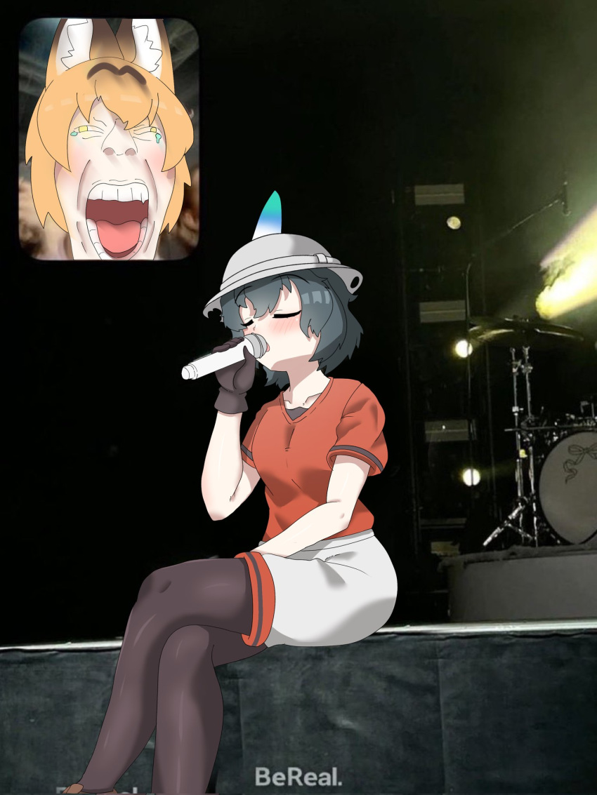 2girls abrams_(0abrams0) animal_ears black_hair blonde_hair blush concert drum drum_set fan_screaming_at_madison_beer_(meme) gloves hat hat_feather helmet highres holding holding_microphone inset instrument kaban_(kemono_friends) kemono_friends meme microphone multiple_girls music open_mouth photo_background pith_helmet red_shirt screaming serval_(kemono_friends) serval_print shirt short_hair shorts singing stage tail