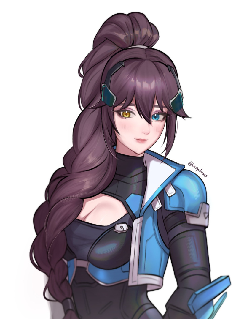 1girl alternate_universe artist_name blue_eyes blue_jacket blush breasts brown_hair captain_lacroix cleavage heterochromia highres jacket kazy light_persona long_hair looking_at_viewer official_alternate_costume overwatch smile solo tagme twitter_username very_long_hair white_background widowmaker_(overwatch)