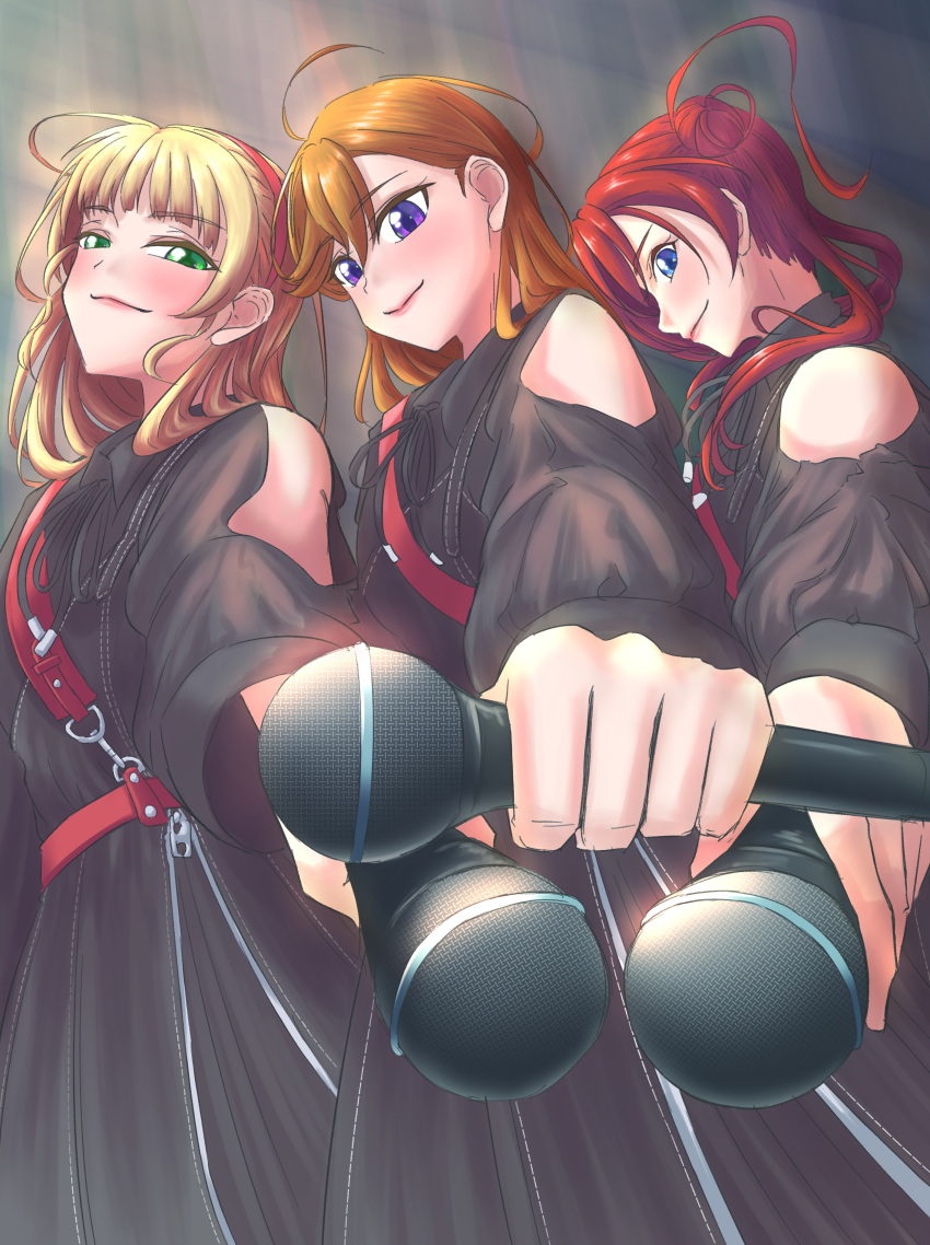 3girls absurdres black_dress blonde_hair blue_eyes catchu!_(love_live!) closed_mouth clothing_cutout commentary_request distortion_(love_live!) dress green_eyes heanna_sumire highres holding holding_microphone looking_at_viewer love_live! love_live!_superstar!! microphone multiple_girls orange_hair purple_eyes red_hair shibuya_kanon shoulder_cutout smile standing upper_body uzuki_yuji yoneme_mei