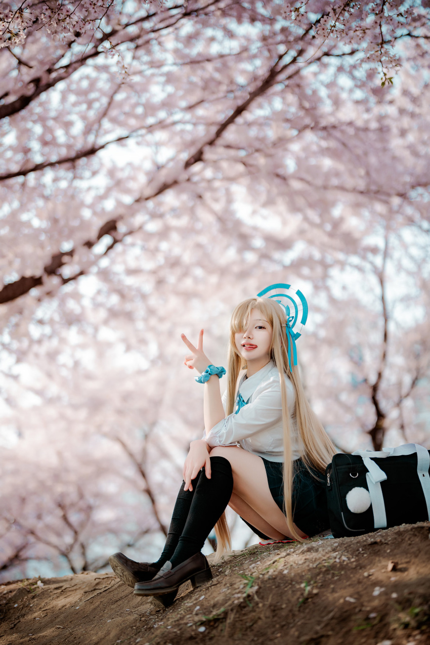 1girl absurdres asian asuna_(blue_archive) backpack bag black_eyes black_skirt black_socks blonde_hair blue_archive blue_bow blue_scrunchie blurry blurry_background bow breasts brown_footwear collared_shirt cosplay cosplay_photo halo highres jun_(youdontownm2) kneehighs korean_commentary long_hair medium_breasts photo_(medium) scrunchie shirt shoes sitting skirt smile socks solo unworn_backpack unworn_bag v very_long_hair white_shirt wrist_scrunchie