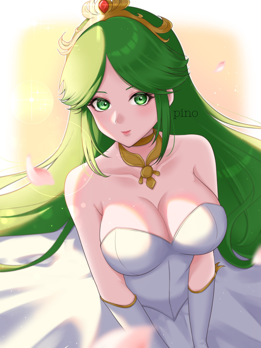 1girl artist_name breasts collarbone commission dress gloves green_eyes green_hair highres kid_icarus kid_icarus_uprising large_breasts long_hair looking_at_viewer p_i_n_o palutena petals solo strapless strapless_dress tiara wedding_dress white_dress white_gloves