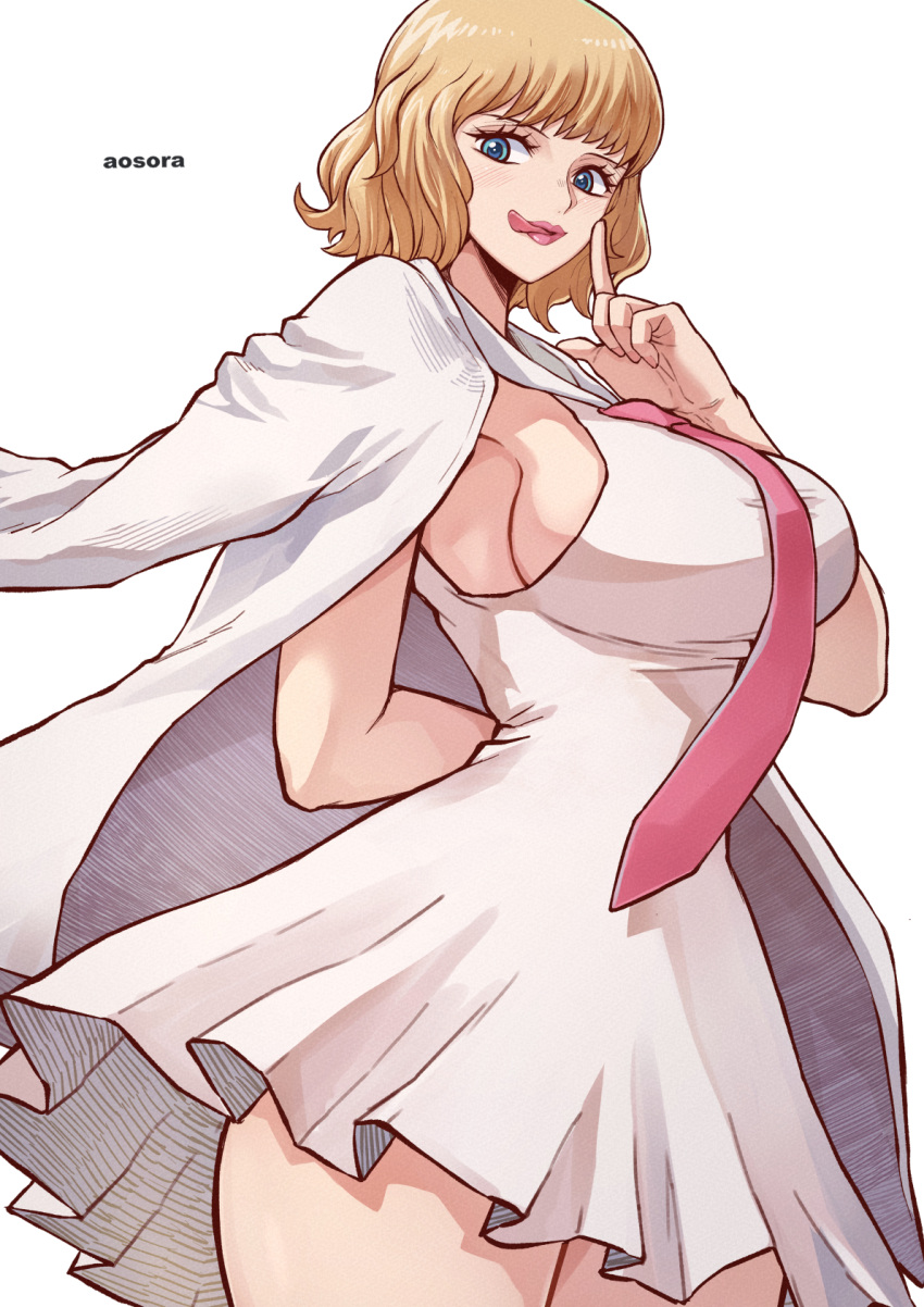 1girl :q aosora2823 arm_behind_back artist_name blonde_hair blue_eyes commentary dress highres jacket jacket_on_shoulders lips looking_at_viewer necktie one_piece pink_necktie short_hair sideless_dress simple_background solo standing stussy_(one_piece) thighs tongue tongue_out white_background white_dress white_jacket