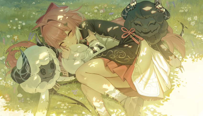 1girl :o absurdres black_socks blush boots bow chinese_clothes closed_eyes curled_up detached_sleeves dress encore_(wuthering_waves) foot_out_of_frame hair_spread_out highres jeze long_hair lying on_grass on_ground red_bow red_hair sheep sleeping sleeves_past_wrists socks solo sunlight very_long_hair white_arm_warmers white_dress white_sleeves wuthering_waves