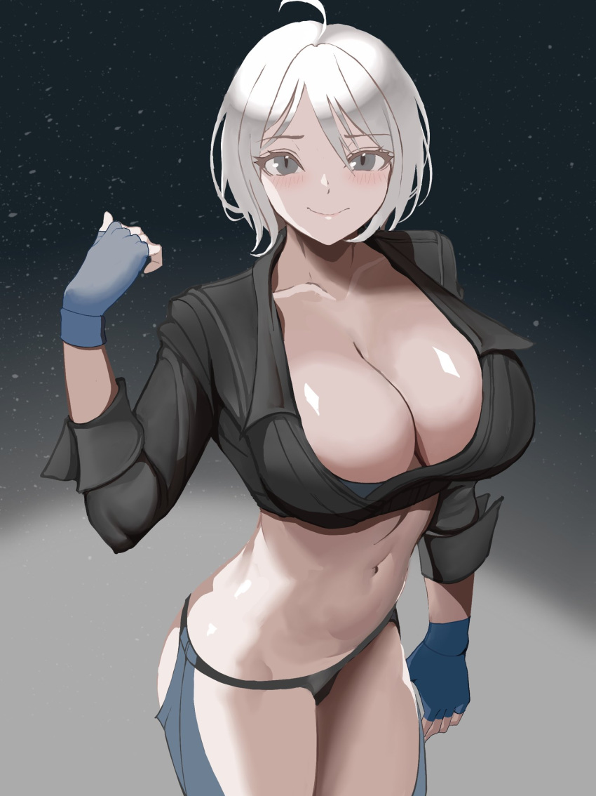 1girl angel_(kof) backless_pants breasts cleavage crop_top cropped_jacket fingerless_gloves gloves highres jacket large_breasts leather leather_jacket looking_at_viewer midriff pants rokuba short_hair simple_background snk standing the_king_of_fighters white_hair