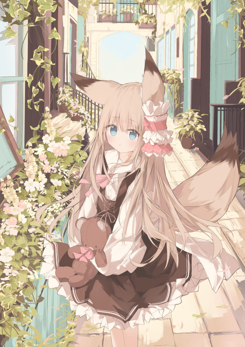 1girl animal_ear_fluff animal_ears blue_eyes bow brown_dress brown_hair collared_shirt commentary_request dress dress_shirt flower fox_ears fox_girl fox_tail frilled_dress frills hair_between_eyes highres holding holding_stuffed_toy kushida_you long_hair original pink_bow pink_flower railing shirt sleeveless sleeveless_dress solo stairs standing stuffed_animal stuffed_toy tail teddy_bear very_long_hair white_flower white_shirt