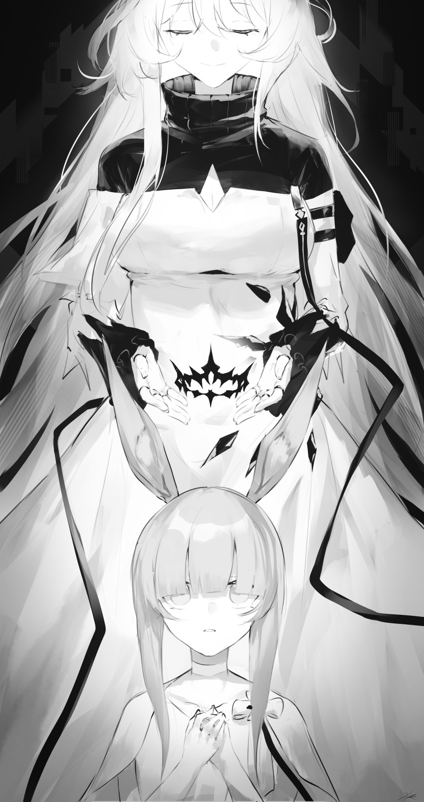 2girls absurdres amiya_(arknights) animal_ear_fluff animal_ears arknights breasts cleavage cleavage_cutout closed_eyes closed_mouth clothing_cutout commentary dress english_commentary greyscale hair_between_eyes hair_over_eyes halo hands_up highres jewelry long_hair medium_breasts monochrome multiple_girls own_hands_together parted_lips rabbit_ears ring smile theresa_(arknights) very_long_hair xooku