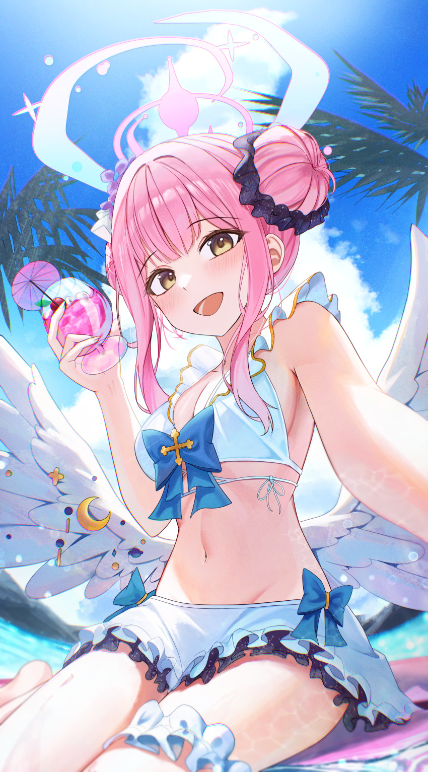 1girl absurdres arch_a4 bikini bikini_skirt blue_archive blue_sky breasts cloud cup drinking_glass hair_bun halo highres holding holding_cup large_breasts long_hair looking_at_viewer mika_(blue_archive) navel open_mouth pink_hair selfie sitting sky smile solo stomach swimsuit white_bikini white_wings wings yellow_eyes