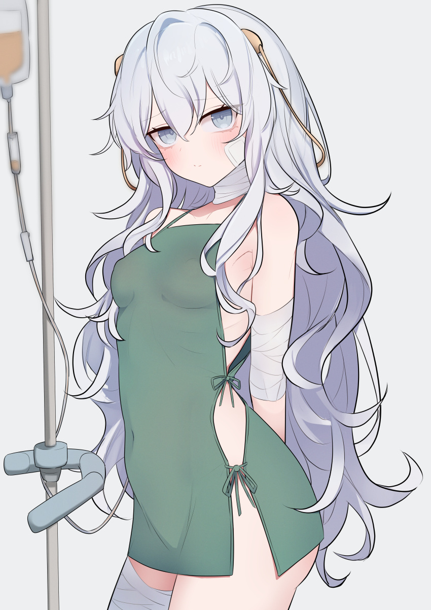 1girl absurdres alternate_costume bandaged_arm bandaged_leg bandaged_neck bandages bandaid bandaid_on_cheek bandaid_on_face blush breasts closed_mouth commentary commission covered_nipples girls'_frontline grey_eyes highres intravenous_drip long_hair looking_at_viewer messy_hair pixiv_commission re1kirisaki342 ribeyrolles_(girls'_frontline) simple_background small_breasts solo white_background white_hair