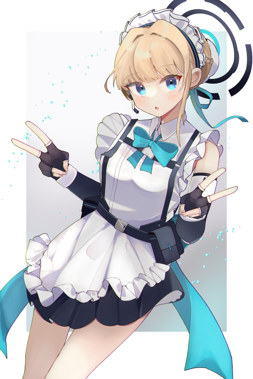 1girl absurdres apron black_dress black_gloves blonde_hair blue_archive blue_eyes blue_halo blush bun_cover cowboy_shot double_v dress earpiece fingerless_gloves fingernails frilled_apron frills gloves hair_bun halo highres looking_at_viewer maid maid_apron maid_headdress parted_lips shishiodoshi short_hair single_hair_bun solo toki_(blue_archive) v white_apron