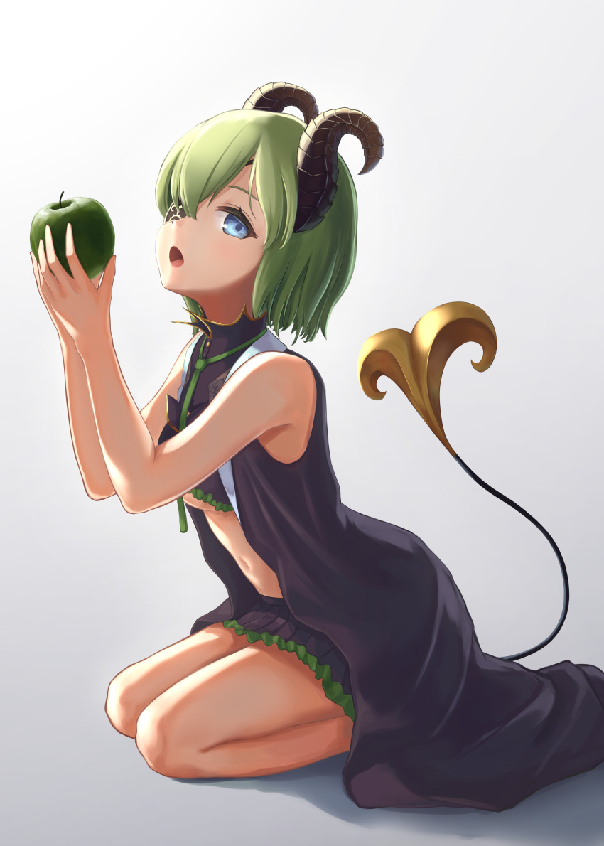 1girl absurdres apple bangs bare_shoulders blue_eyes breasts demon_girl demon_horns demon_tail eyepatch food fruit green_apple green_hair highres holding holding_food holding_fruit honey_strap horns looking_at_viewer medium_breasts navel open_mouth sekishiro_mico short_hair sitting sleeveless solo tail underboob virtual_youtuber wariza white_background yatarime