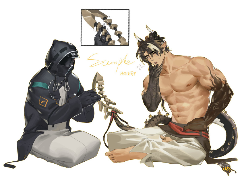 2boys abs arknights bara barefoot black_coat black_gloves black_hair black_horns blonde_hair brown_eyes brown_hair chinese_commentary chong_yue_(arknights) coat colored_extremities commentary_request commission doctor_(arknights) dragon_boy dragon_horns dragon_tail earrings gloves hand_on_own_face hand_up hands_up highres holding_another's_tail hood hood_up hooded_coat horns indian_style jewelry long_hair long_tail looking_at_another low_ponytail male_doctor_(arknights) male_focus mask multicolored_hair multiple_boys muscular muscular_male muyu_(muyu824127) nipples open_clothes open_coat open_mouth pants pointy_ears puff_of_air seiza simple_background sitting streaked_hair sweat tail topless_male white_background white_pants
