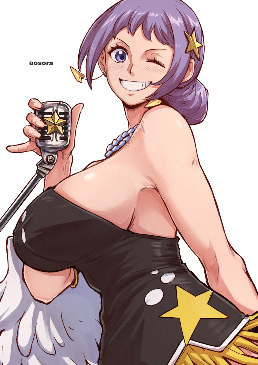 1girl ;) aosora2823 artist_name bare_shoulders breasts carina_(one_piece) cleavage clenched_teeth commentary earrings fingernails highres holding holding_microphone jewelry large_breasts looking_at_viewer microphone one_eye_closed one_piece purple_eyes purple_hair simple_background smile solo teeth white_background white_wings wings