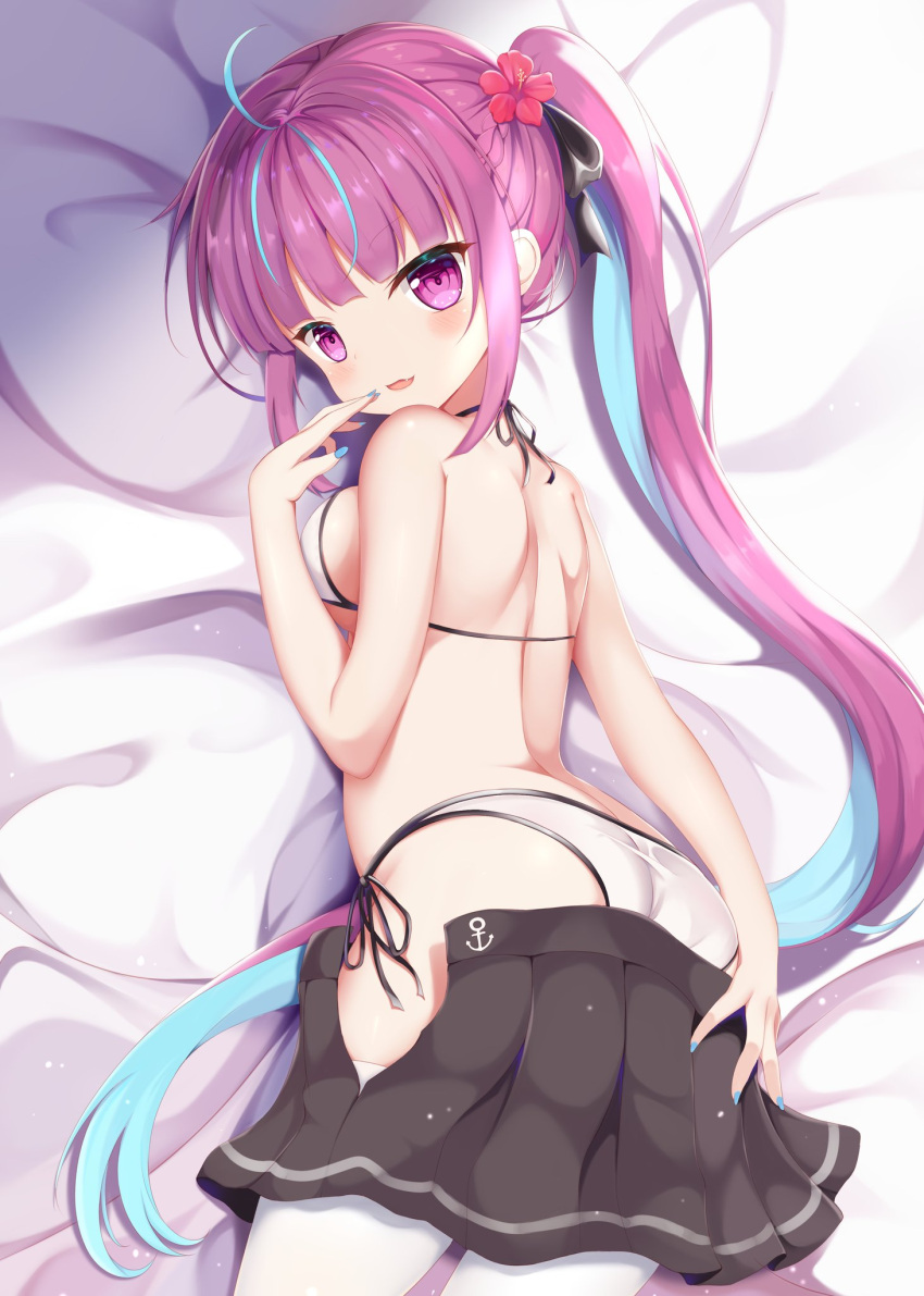 1girl ahoge ass back bangs bed_sheet bikini black_skirt blue_hair blunt_bangs breasts colored_inner_hair commentary_request fang from_above highres hololive looking_at_viewer lv263690169 medium_breasts minato_aqua multicolored_hair nail_polish open_mouth purple_eyes purple_hair shoulder_blades sideboob skirt skirt_pull solo swimsuit thighhighs twintails two-tone_hair white_bikini white_legwear