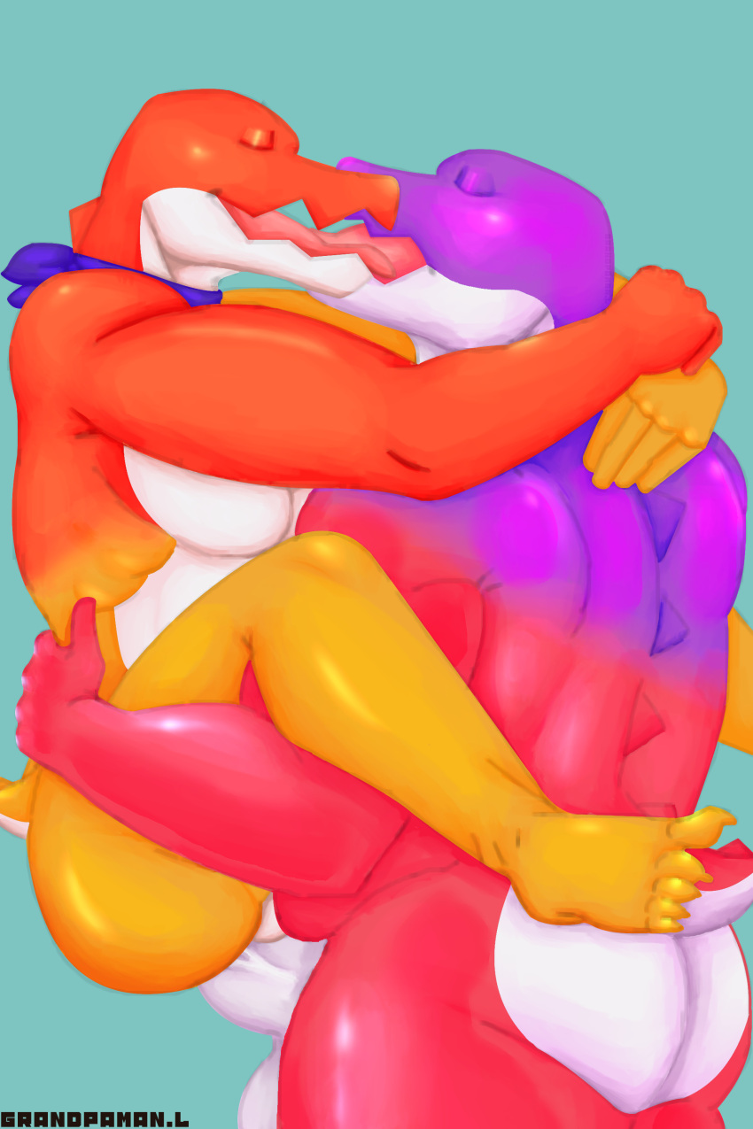 absurd_res anal anal_penetration anthro balls belly big_balls big_butt bodily_fluids butt candy chad_(tadc) crocodile crocodilian crocodylid dessert duo erection food food_creature genitals glitch_productions grandpaman gummy_(food) gummy_creature hi_res hug humanoid_genitalia humanoid_penis kissing living_candy male male/male max_(tadc) nude open_mouth orange_body penetration penile penile_penetration penis penis_in_ass pink_body purple_body reptile scalie scarf sex simple_background tail the_amazing_digital_circus tongue tongue_out yellow_body