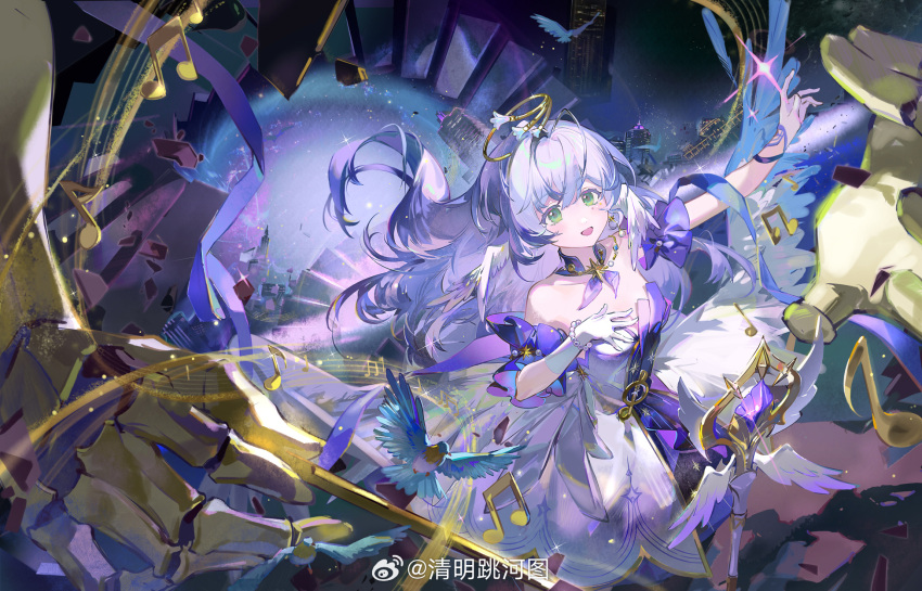 1girl aqua_eyes asymmetrical_gloves bare_shoulders bird bracelet detached_sleeves dress earrings floating_hair gloves hair_between_eyes halo hand_on_own_chest hand_up head_wings highres honkai:_star_rail honkai_(series) jewelry long_hair looking_at_viewer musical_note open_mouth purple_dress qmthtdy robin_(honkai:_star_rail) short_sleeves smile solo two-tone_dress uneven_gloves white_dress white_gloves white_wings wings