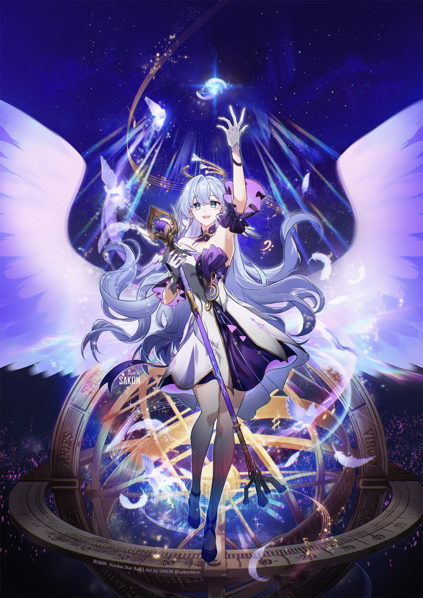 1girl :d aqua_eyes arm_up armpits artist_name asymmetrical_gloves bead_bracelet beads bracelet detached_sleeves dress falling_feathers feathers floating_hair full_body gloves head_wings high_heels highres holding honkai:_star_rail honkai_(series) jewelry long_hair looking_at_viewer open_mouth purple_dress purple_hair robin_(honkai:_star_rail) sakon04 short_sleeves smile solo standing teeth two-tone_dress uneven_gloves upper_teeth_only white_dress white_gloves white_wings wings