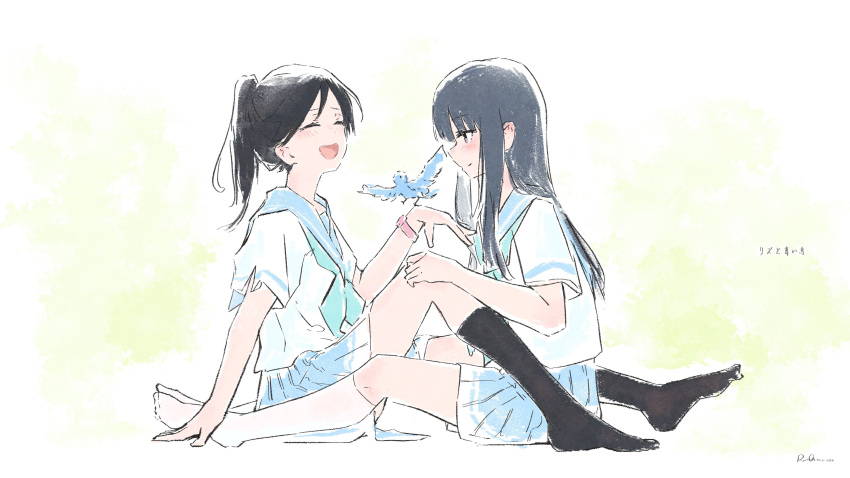 2girls absurdres aqua_neckerchief between_legs bird black_hair black_socks blue_sailor_collar blue_skirt blush closed_eyes commentary copyright_name couple dated english_commentary hibike!_euphonium highres kasaki_nozomi kitauji_high_school_uniform kneehighs liz_to_aoi_tori long_hair multiple_girls neckerchief no_shoes open_mouth pink_eyes pleated_skirt ponytail rnna sailor_collar school_uniform serafuku shirt short_sleeves sidelocks signature sitting skirt socks translated watch white_shirt white_socks wristwatch yoroizuka_mizore yuri