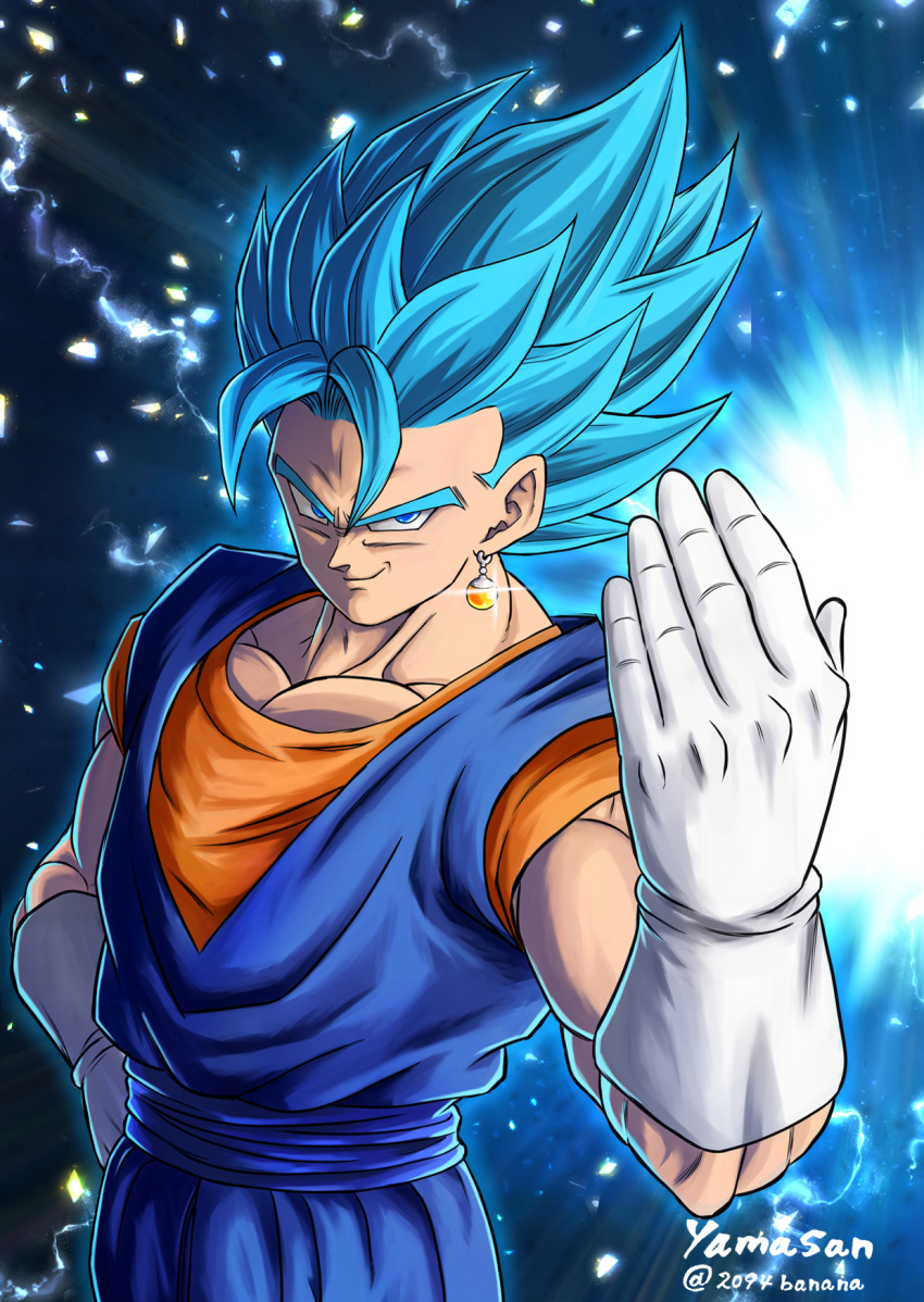 1boy 2094banana artist_name blue_eyes blue_hair blue_pants blue_sash blue_shirt cowboy_shot dougi dragon_ball dragon_ball_super earrings gloves highres jewelry male_focus medium_hair muscular orange_shirt pants potara_earrings sash shirt smirk solo spiked_hair super_saiyan super_saiyan_blue twitter_username vegetto white_gloves