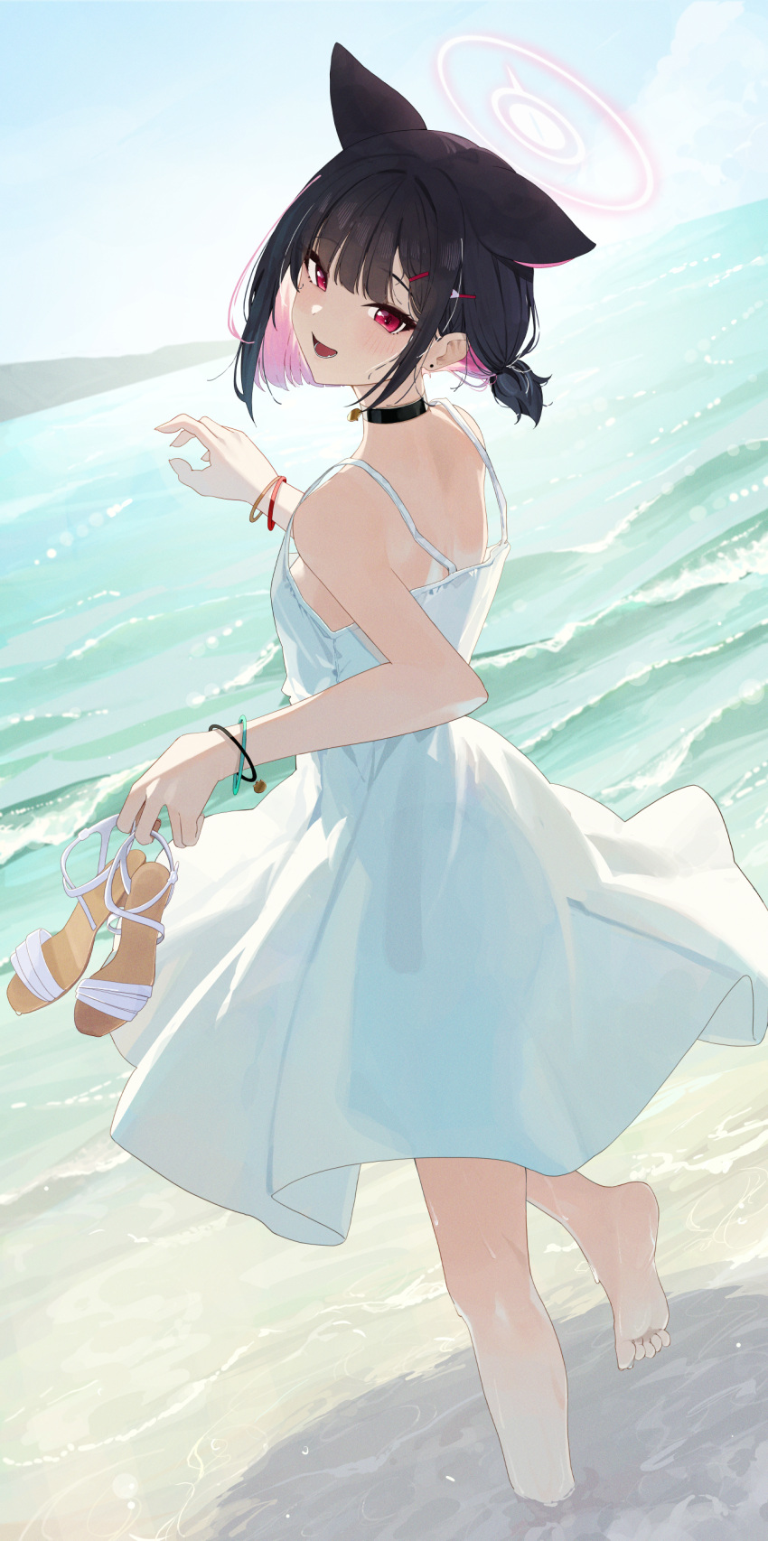 1girl absurdres alternate_costume animal_ears bare_legs bare_shoulders barefoot black_choker black_hair blue_archive blush bracelet breasts cat_ears choker colored_inner_hair dress extra_ears feet halo highres holding holding_shoes jewelry kazusa_(blue_archive) looking_at_viewer looking_back multicolored_hair ningen_gokko outdoors pink_hair see-through_silhouette shoes short_hair short_ponytail sleeveless sleeveless_dress small_breasts smile soles solo toes two-tone_hair unworn_shoes wading white_dress