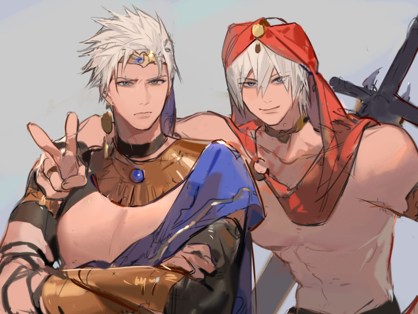 2boys abs arabian_clothes arabian_peninsula bare_shoulders bishounen blue_eyes closed_mouth dante_(devil_may_cry) devil_may_cry_(series) devil_may_cry_3 earrings hair_between_eyes hair_slicked_back harem_outfit head_chain highres hoop_earrings jewelry lin09 looking_at_viewer male_focus mature_male multiple_boys muscular muscular_male navel pectorals rebellion_(sword) siblings smile sword topless_male turban twins v vergil_(devil_may_cry) weapon white_hair