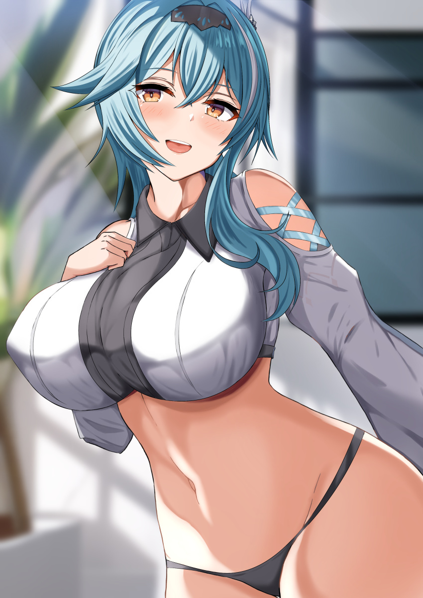 1girl absurdres aqua_hair black_panties blurry blurry_background blush breasts brown_eyes commentary_request couch crossed_bangs eula_(genshin_impact) genshin_impact highres indoors large_breasts long_hair looking_at_viewer mero_en_e navel open_mouth panties shirt smile solo stomach teeth underwear upper_teeth_only white_shirt