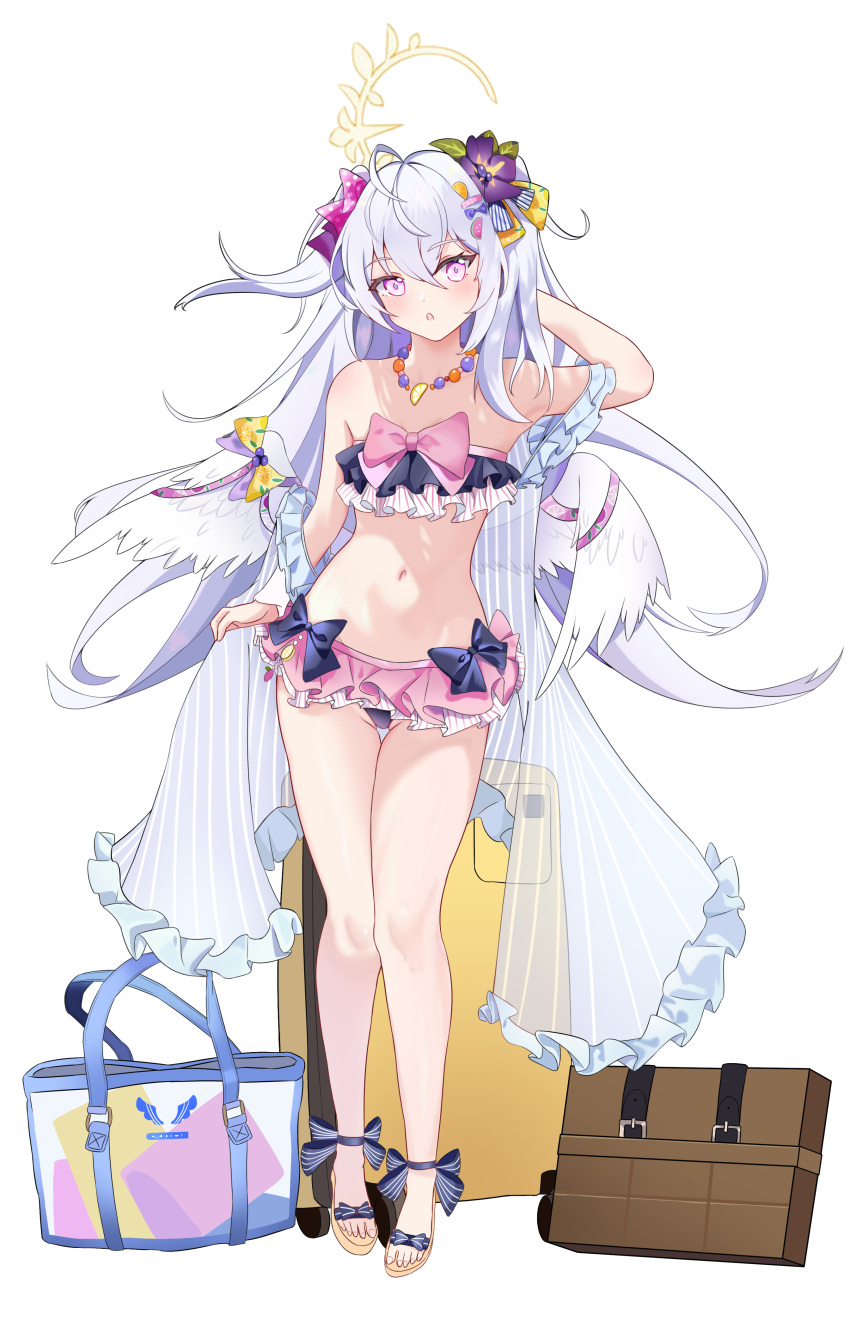 1girl absurdres angel_wings arm_up azusa_(blue_archive) azusa_(swimsuit)_(blue_archive) bare_shoulders bead_necklace beads bikini blue_archive blush brown_footwear flat_chest flower frilled_bikini frills full_body hair_between_eyes hair_flower hair_ornament halo highres jewelry long_hair looking_at_viewer low_wings navel necklace official_alternate_costume open_mouth pink_eyes ribbon sandals simple_background solo standing strapless strapless_bikini swimsuit white_background white_hair white_wings wings yquam