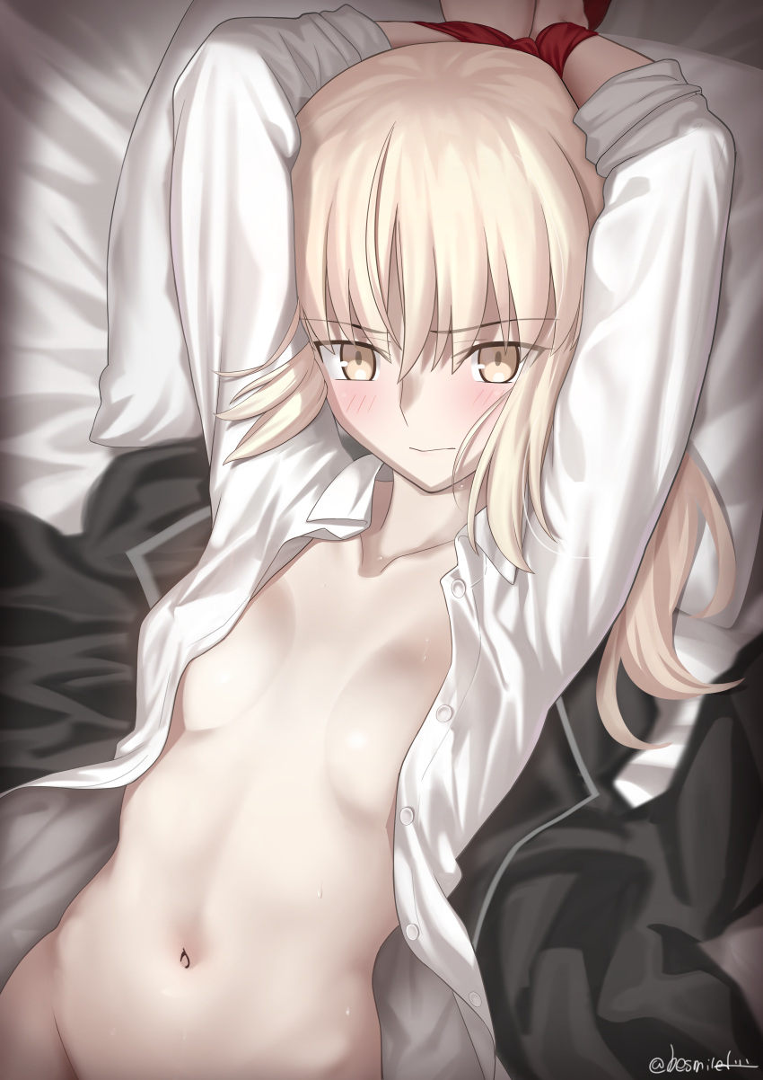 1girl absurdres arms_up artoria_pendragon_(fate) besmiled blonde_hair breasts collarbone commentary fate/grand_order fate_(series) groin highres long_sleeves looking_at_viewer lying medium_breasts medium_hair navel on_back open_clothes open_shirt out-of-frame_censoring pillow restrained saber_alter shirt solo sweat twitter_username white_shirt