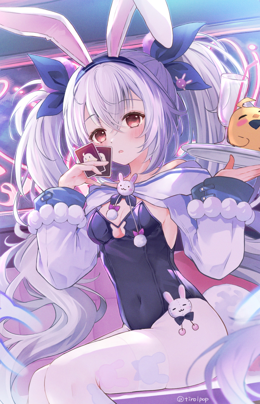 1girl animal_ears azur_lane blue_leotard blue_ribbon blush breasts card cleavage cleavage_cutout clothing_cutout collarbone commentary_request crossed_bangs cup drinking_glass drinking_straw fake_animal_ears fake_tail hair_between_eyes hair_ribbon highres holding holding_card holding_tray indoors laffey_(azur_lane) laffey_ii_(azur_lane) laffey_ii_(sleepy_on_a_busy_day)_(azur_lane) leotard long_hair long_sleeves looking_at_viewer manjuu_(azur_lane) maya_(tirolpop) neon_lights open_mouth pantyhose playboy_bunny playing_card rabbit_ears rabbit_tail red_eyes ribbon shrug_(clothing) sitting small_breasts tail thighband_pantyhose tray twintails twitter_username very_long_hair white_hair white_pantyhose