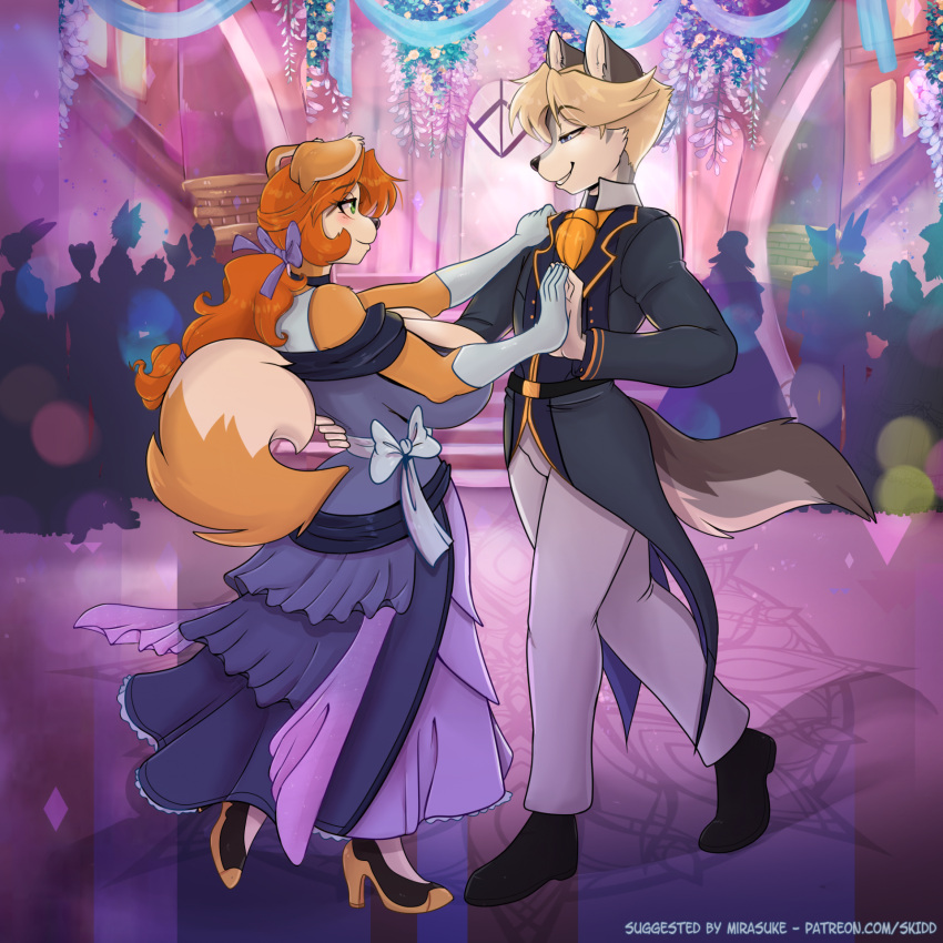 anthro ballroom big_breasts black_nose blonde_hair blush breasts canid canine canis clothed clothing dancing dipstick_tail domestic_dog drayven_alder duo_focus female footwear group hair hi_res high_heels kibbles_(uberquest) male male/female mammal markings phuufy skidd tail tail_markings uberquest wolf