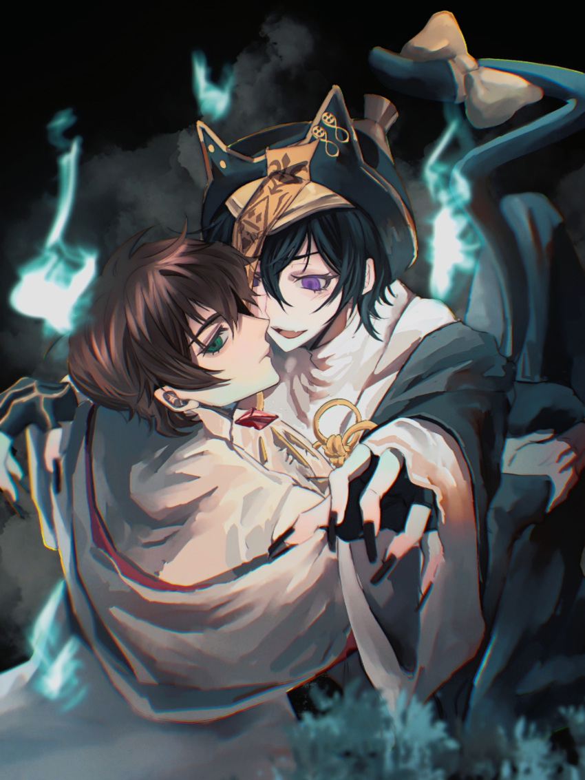 2boys alternate_costume anzio black_hair black_nails brown_hair cat_tail chinese_clothes claws code_geass commentary_request dark_background eyelashes green_eyes hair_between_eyes hat highres knee_up kneeling kururugi_suzaku lelouch_vi_britannia long_sleeves looking_at_another looking_at_viewer male_focus multiple_boys open_mouth outstretched_arms pale_skin purple_eyes ribbon robe short_hair sitting sitting_on_lap sitting_on_person smoke tail tail_ornament tail_ribbon upper_body white_robe yaoi zombie_pose