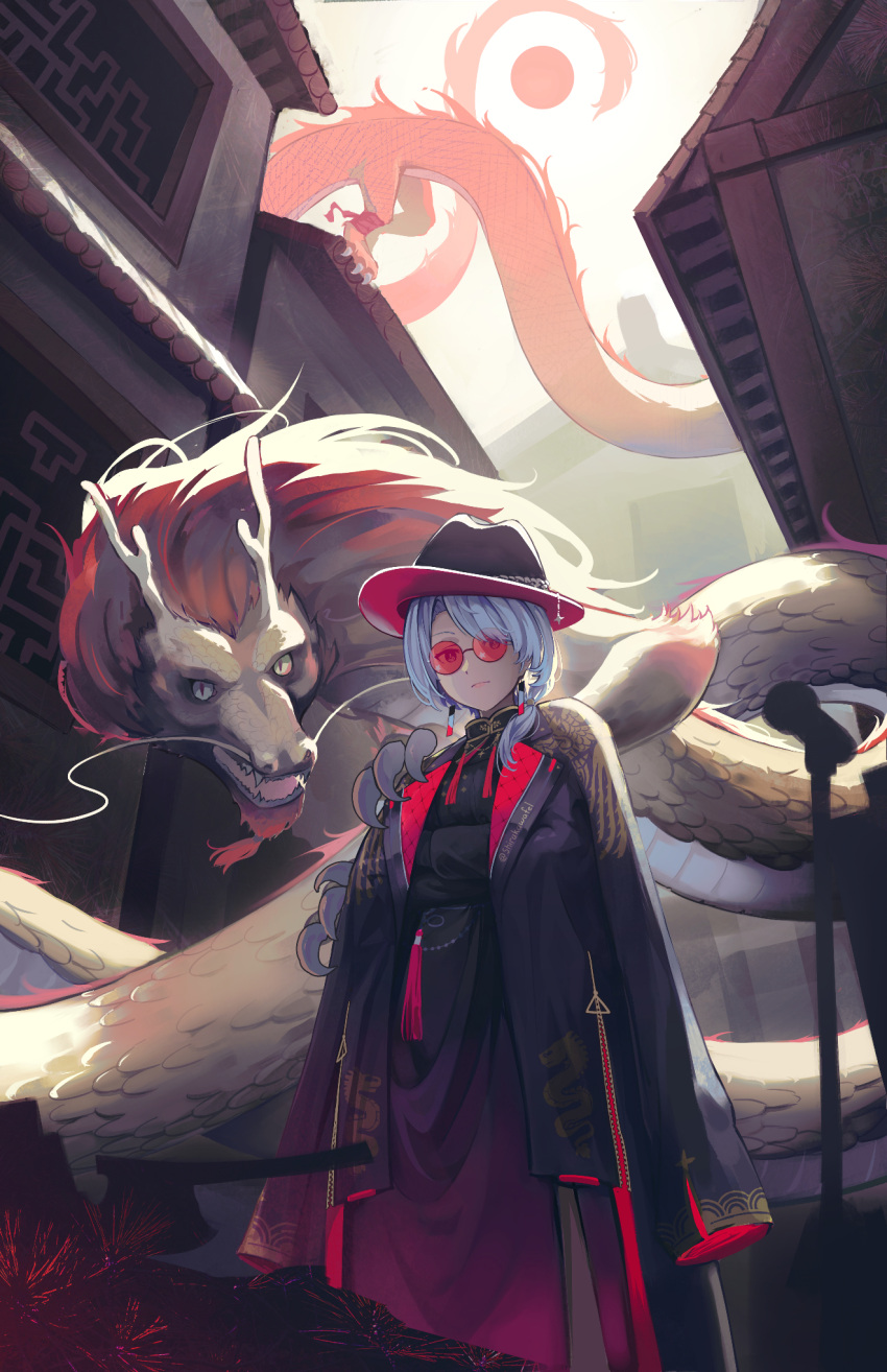 1girl alternate_costume black_coat blue_hair chinese_clothes claws closed_mouth coat cost dangle_earrings dragon earrings eastern_dragon fedora hair_over_shoulder hat high_collar highres hololive hoshimachi_suisei jewelry light_blue_hair looking_at_viewer outdoors shirakawafel sleeves_past_wrists solo sunglasses twitter_username virtual_youtuber