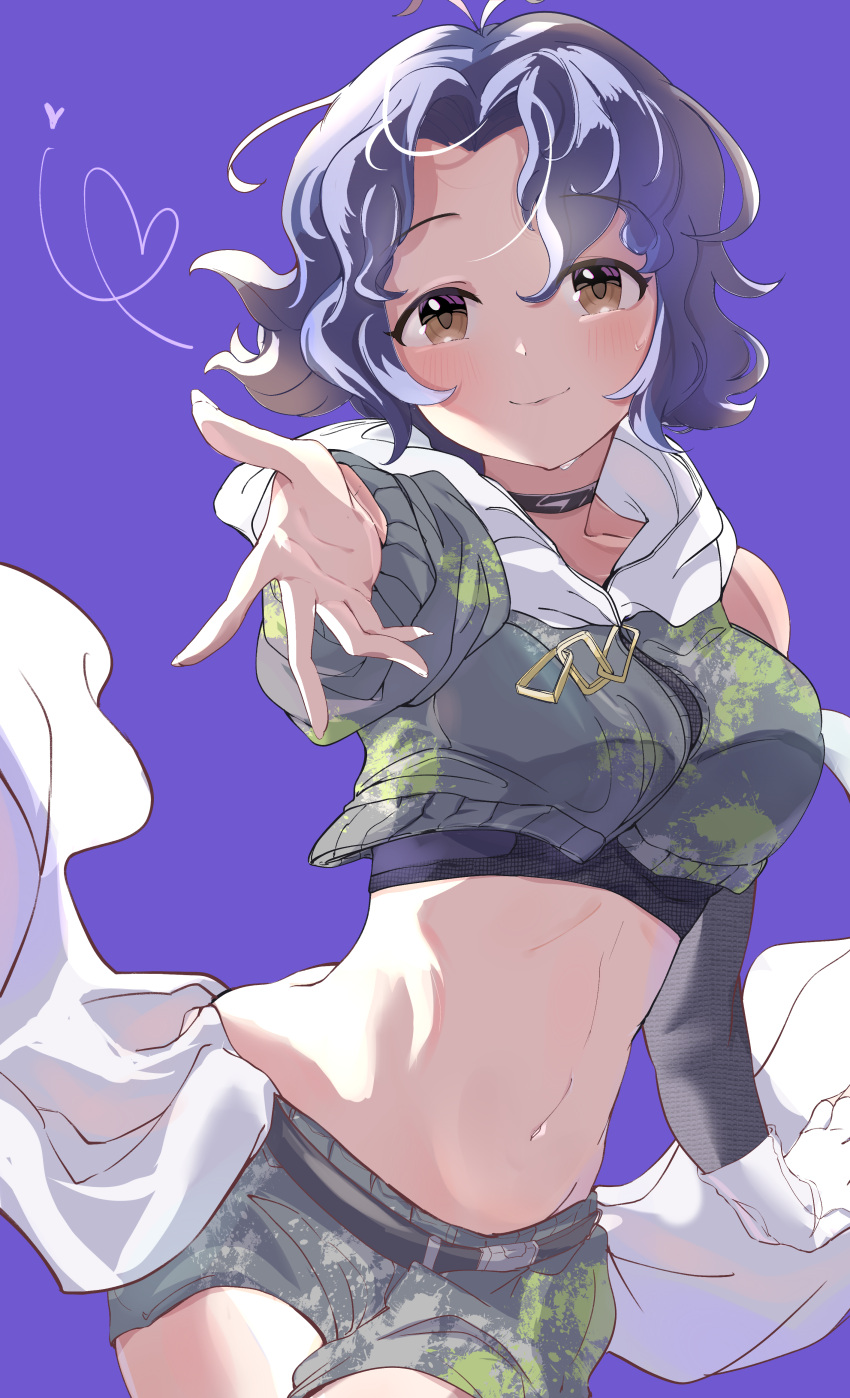 1girl absurdres antenna_hair belt black_belt black_choker black_shirt blue_hair blush border breasts brown_eyes choker closed_mouth collarbone cowboy_shot crop_top cropped_hoodie cropped_shirt dot_nose gloves green_hoodie green_shorts heart highres hood hood_down hoodie idolmaster idolmaster_million_live! idolmaster_million_live!_theater_days large_breasts looking_at_viewer midriff navel ooho0216 open_hand outside_border purple_background reaching reaching_towards_viewer shirt short_hair shorts simple_background single_bare_shoulder single_sleeve smile solo standing sweat toyokawa_fuka wavy_hair white_border white_gloves zipper zipper_pull_tab