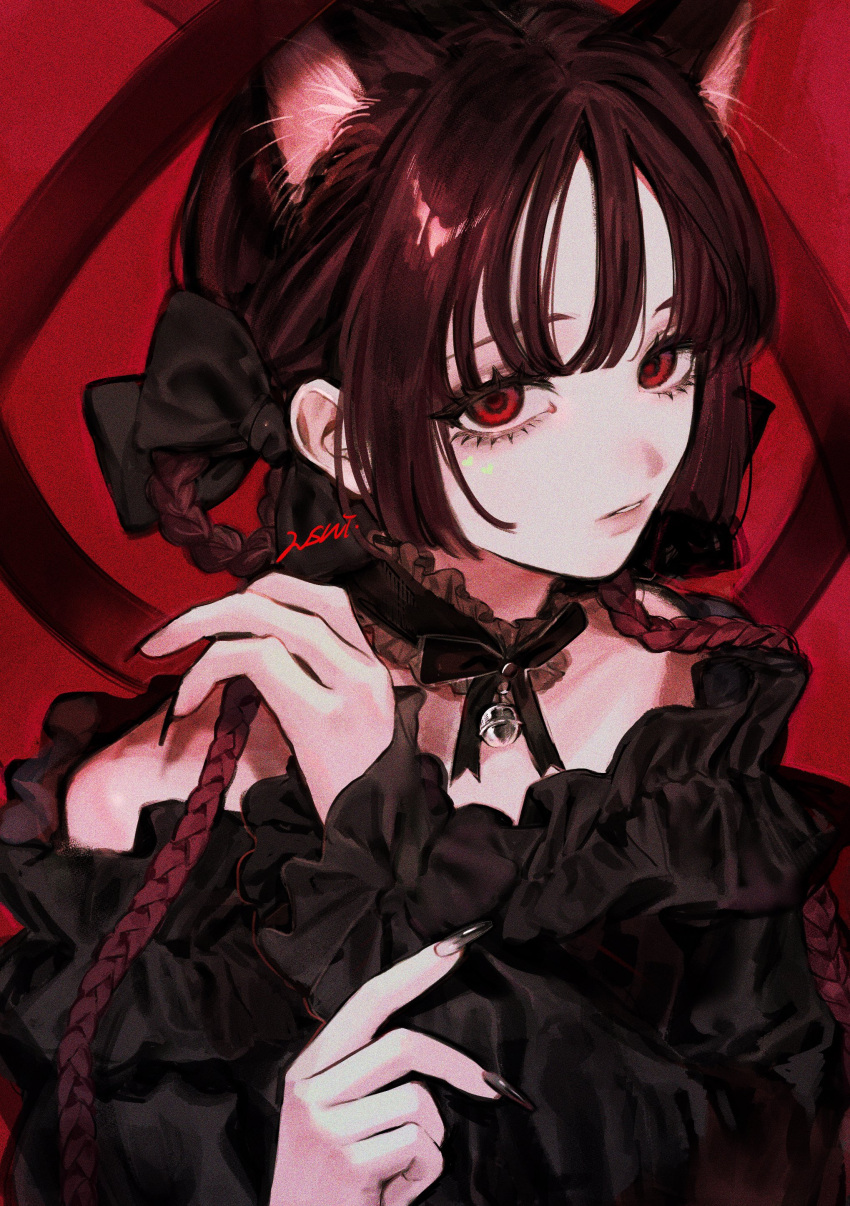 1girl absurdres animal_ears bare_shoulders bell black_bow black_dress black_nails bow cat_ears cat_tail dress extra_ears fingernails frills hair_bow highres jingle_bell kaenbyou_rin long_fingernails multiple_tails neck_bell red_background red_eyes red_hair sharp_fingernails signature solo tail touhou two_tails usui_(takoo718)