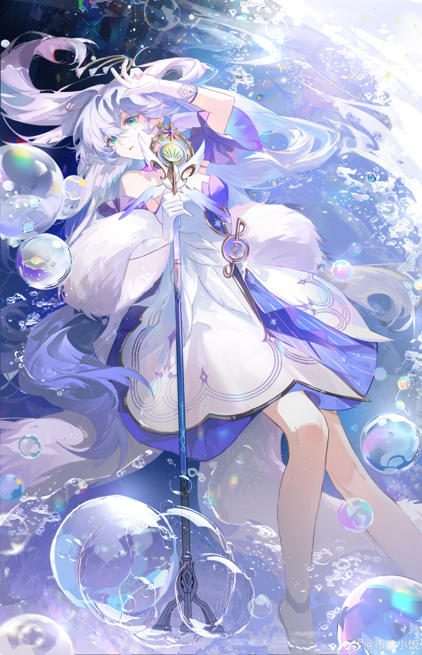 1girl absurdres air_bubble aqua_eyes arm_up baofandxy bare_shoulders bubble detached_sleeves dress earrings feather_boa foot_out_of_frame gloves hair_between_eyes head_wings highres holding holding_staff honkai:_star_rail honkai_(series) jewelry long_hair looking_at_viewer lying on_back parted_lips purple_dress robin_(honkai:_star_rail) short_sleeves staff two-tone_dress white_dress white_gloves white_wings wings