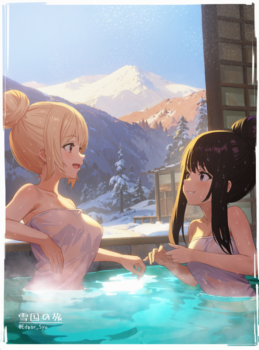 2girls :d absurdres arm_rest black_hair blonde_hair edgar_syu from_side grin hair_bun hands_up highres inoue_takina looking_at_another lycoris_recoil mountain multiple_girls naked_towel nishikigi_chisato onsen open_mouth parted_lips partially_submerged purple_hair red_eyes smile snow steam towel tree water wet window