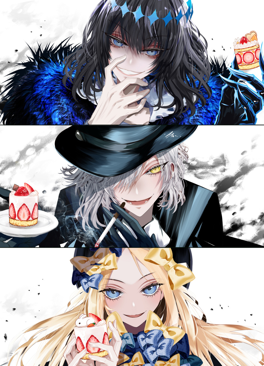 1girl 2boys abigail_williams_(fate) absurdres antinese arthropod_boy arthropod_limbs asymmetrical_hair black_hair blonde_hair blue_eyes bow cake cigarette cloak cross-shaped_pupils crown diamond_hairband edmond_dantes_(fate) evil_smile fate/grand_order fate_(series) fedora food forehead fur-trimmed_cloak fur_trim green_cloak grey_hair hair_bow hair_over_one_eye hat highres holding holding_cake holding_cigarette holding_food jacket long_hair looking_at_viewer medium_hair multiple_boys multiple_hair_bows multiple_hat_bows oberon_(fate) oberon_(third_ascension)_(fate) orange_bow parted_bangs polka_dot polka_dot_bow portrait shirt short_hair smile smoking strawberry_shortcake symbol-shaped_pupils wavy_hair white_hair yellow_eyes