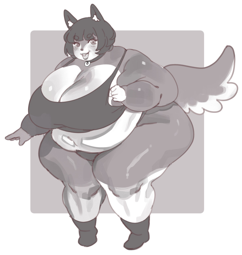 2023 absurd_res anthro belly belly_overhang big_belly big_breasts biped blush blush_lines boots breasts canid canine canis cleavage clothed clothing collar crop_top domestic_dog fat_arms female footwear full_nelson fur grey_background greyscale hair hi_res huge_breasts huge_hips inner_ear_fluff kafekafei looking_at_viewer mammal monochrome navel obese obese_anthro obese_female open_mouth open_smile overweight overweight_anthro overweight_female panties sasha_(kafekafei) shirt short_hair simple_background smile solo standing tail tank_top teeth thick_thighs three-quarter_view tongue tongue_out topwear tuft underwear wide_hips