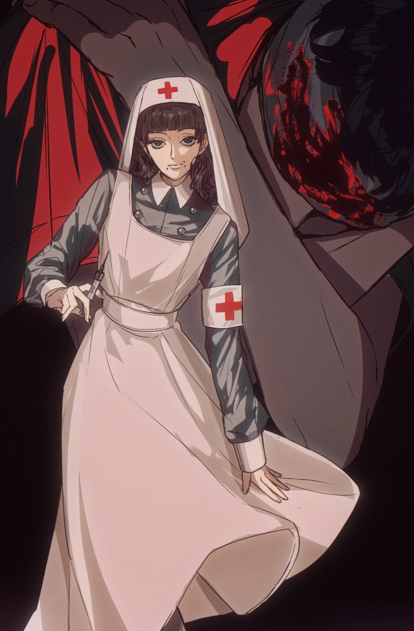 1girl amikoiiko armband black_background closed_mouth collared_shirt commentary cross dress fear_&amp;_hunger fear_&amp;_hunger_2:_termina feet_out_of_frame highres holding holding_syringe long_sleeves looking_at_viewer marina_(fear_&amp;_hunger) medical_scrubs mouth_piercing nurse red_cross shirt solo standing syringe white_armband white_dress white_veil