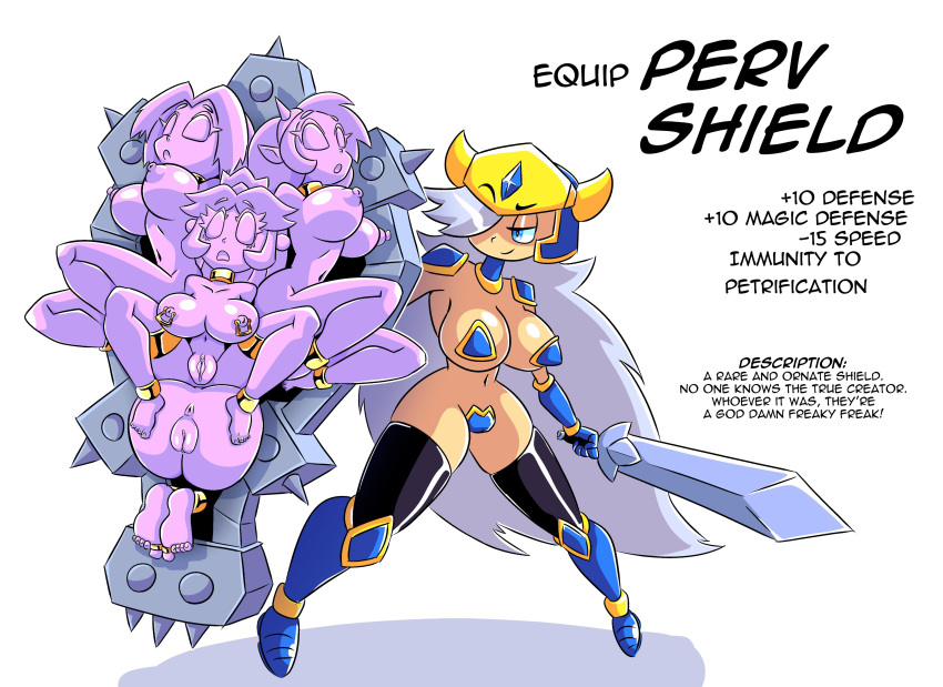 absurd_res animal_humanoid animate_inanimate anus armor bdsm big_butt bondage booby_knight_(drshanks24) booby_quest bound bovid bovid_humanoid bovine bovine_humanoid breasts butt cattle_humanoid collar drshanks24 elf english_text female fighting_pose forced forced_transformation gameplay_mechanics genitals gold_(metal) gold_anklet gold_anklewear gold_collar gold_toe_ring group headgear helmet hi_res horn human_shield humanoid humanoid_pointy_ears implied_transformation inanimate_transformation living_shield living_statue living_weapon magic_item magic_shield magic_weapon mammal mammal_humanoid melee_weapon metal_collar metal_pasties multi_ear nipple_piercing nipples nude pasties petrification piercing pointy_and_animal_ears pose presenting presenting_anus presenting_hindquarters princess purple_body purple_skin pussy royalty rpg_(disambiguation) sculpture shield sitting_on_another sitting_on_butt spiked_shield spread_anus spreading statue sword text toe_rings transformation unconvincing_armor weapon