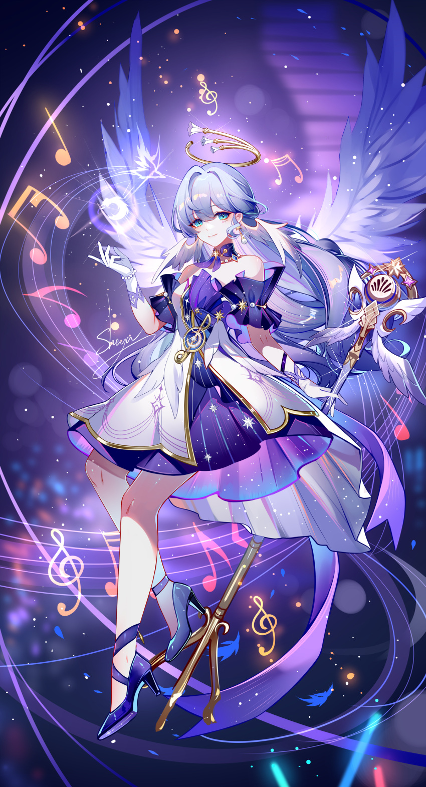 1girl absurdres aqua_eyes bare_shoulders blue_hair choker commentary detached_sleeves dress earrings elbow_gloves gloves halo hand_up head_wings high_heels highres honkai:_star_rail honkai_(series) jewelry long_hair looking_at_viewer musical_note purple_background purple_choker purple_dress purple_sleeves robin_(honkai:_star_rail) sheya signature smile solo staff_(music) strapless strapless_dress two-tone_dress very_long_hair white_dress white_gloves white_wings wings