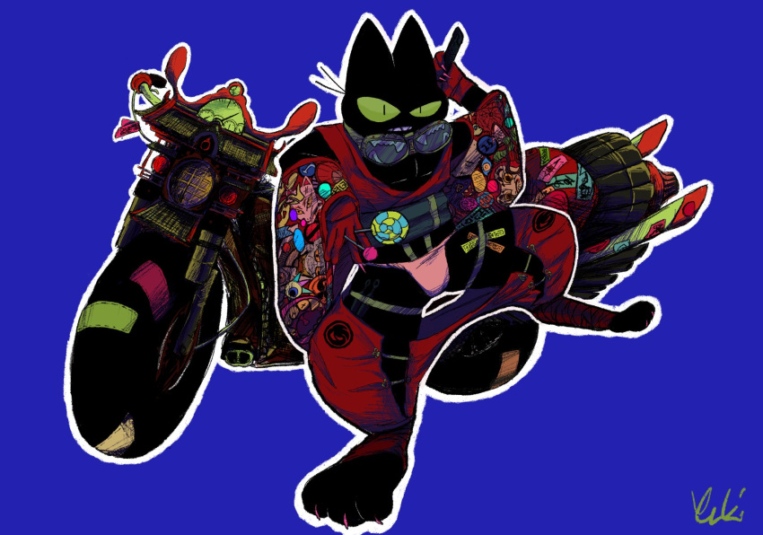 anthro black_body black_fur cape cartoon_network clothed clothing digitigrade domestic_cat felid feline felis fur green_eyes hi_res jockstrap male mammal mao_mao:_heroes_of_pure_heart motorcycle mymu666 red_clothing sheriff_mao_mao_mao skimpy solo underwear vehicle