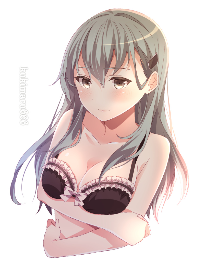 1girl black_bra blush bra breasts cleavage closed_mouth collarbone cropped_torso eyebrows_visible_through_hair green_eyes green_hair hair_between_eyes hair_ornament hairclip highres kantai_collection kukimaru large_breasts long_hair signature simple_background suzuya_(kantai_collection) twitter_username underwear white_background