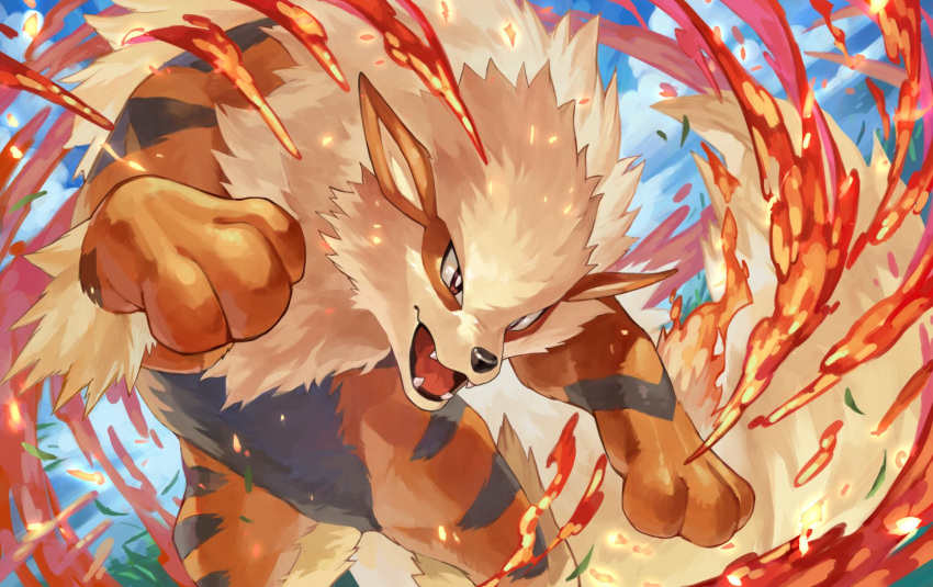 arcanine brown_eyes cloud commentary_request day fangs gen_1_pokemon highres leaves_in_wind no_humans open_mouth outdoors paws pokemon pokemon_(creature) sky solo tapioka_chaso toes tongue